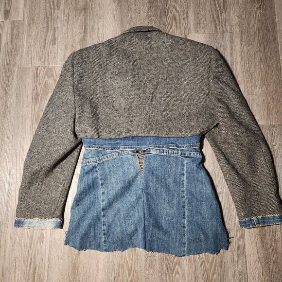 Vintage unique half wool half denim jacket embroidered unique tailored blazer - Picture 7 of 10